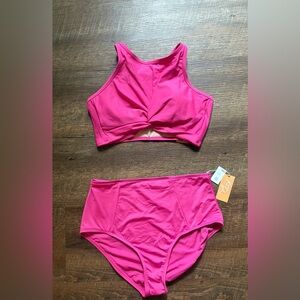 KONA SOL hot pink 2-piece swimsuit tankini high-waisted twist-knot sz L NWT swim